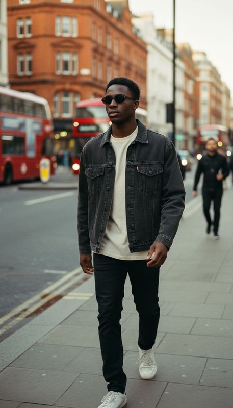 a man walking down a street next to a red double decker bus