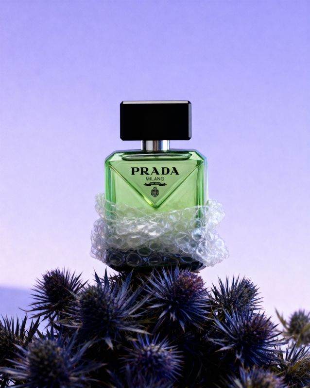 a bottle of perfume sitting on top of a tree