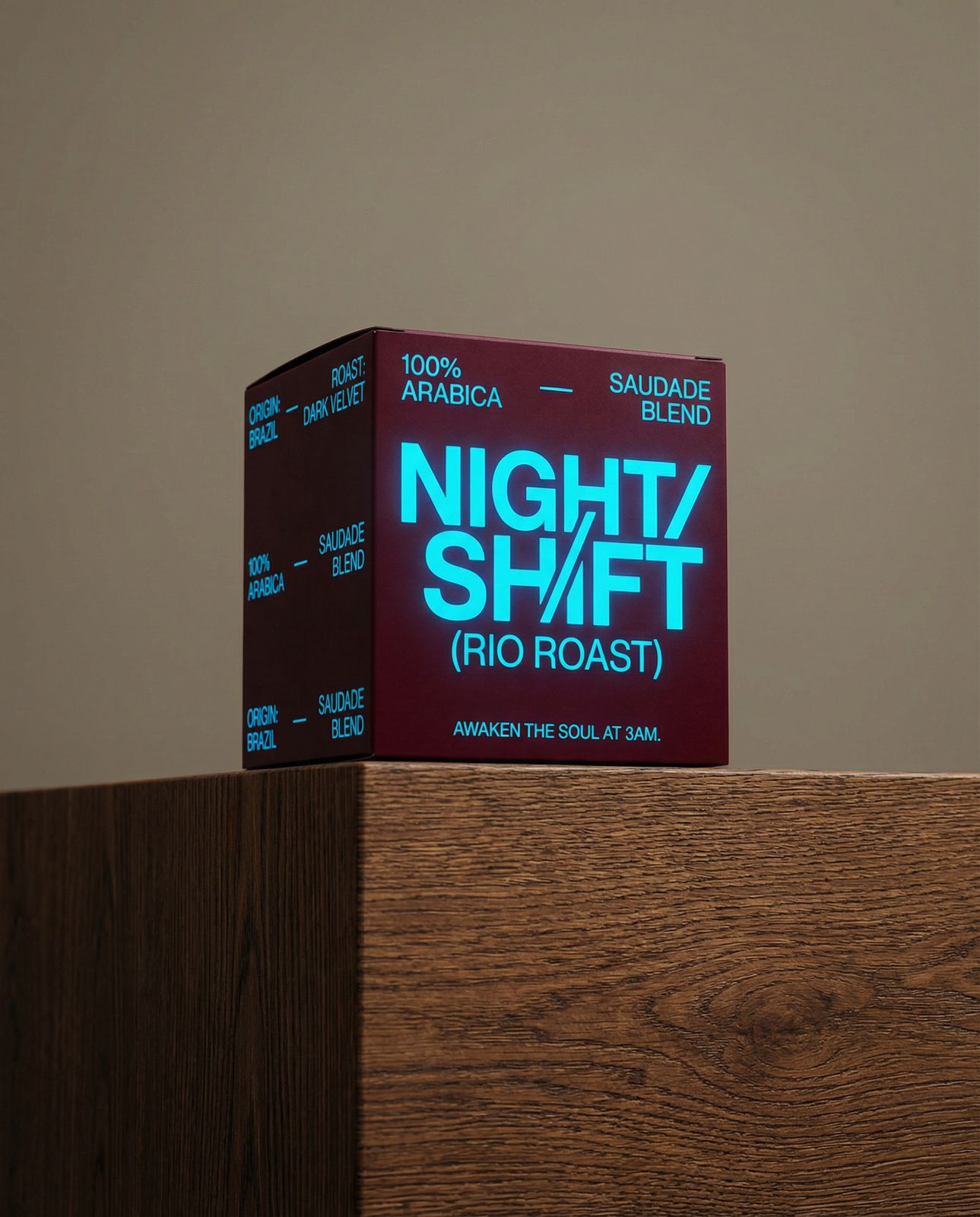 a box of night shift rio roast sitting on top of a wooden table