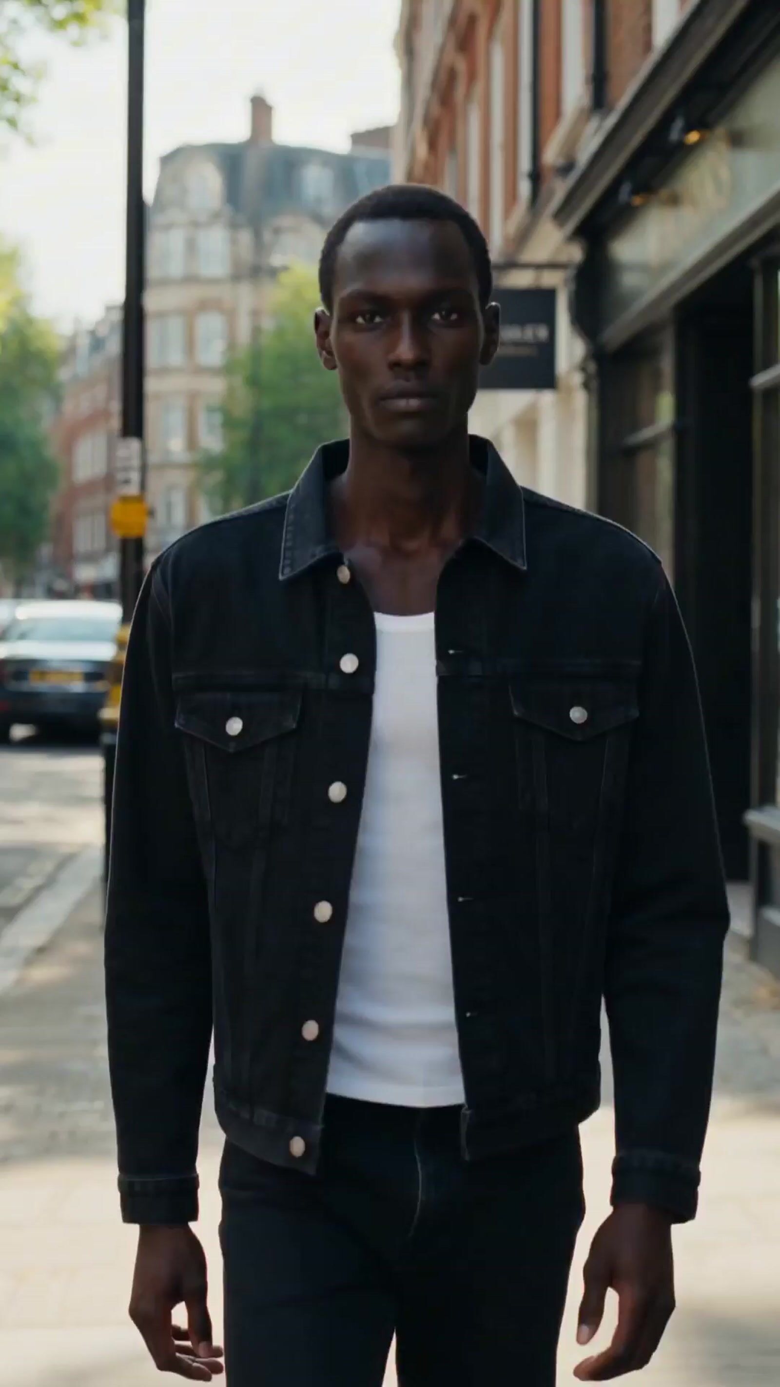 a man walking down the street wearing a jean jacket