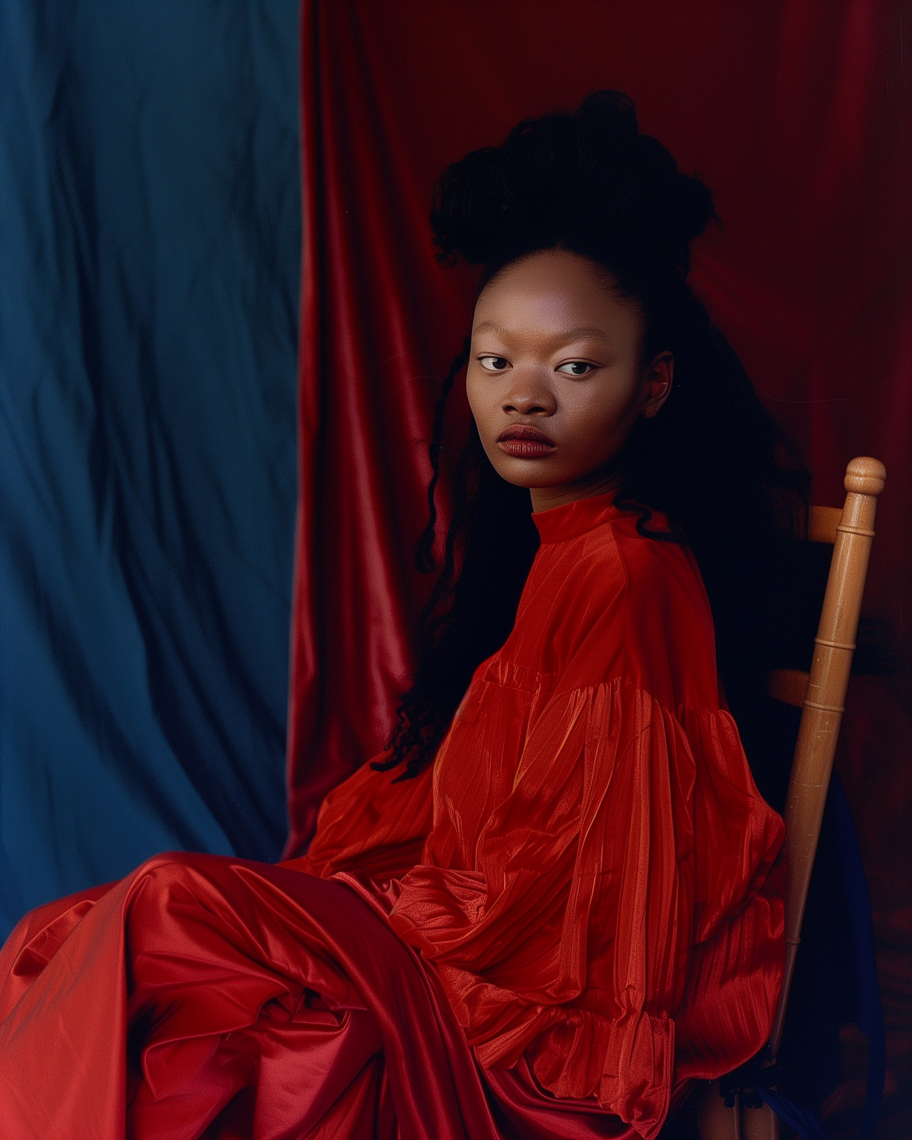 a woman in a red dress sitting in a chair