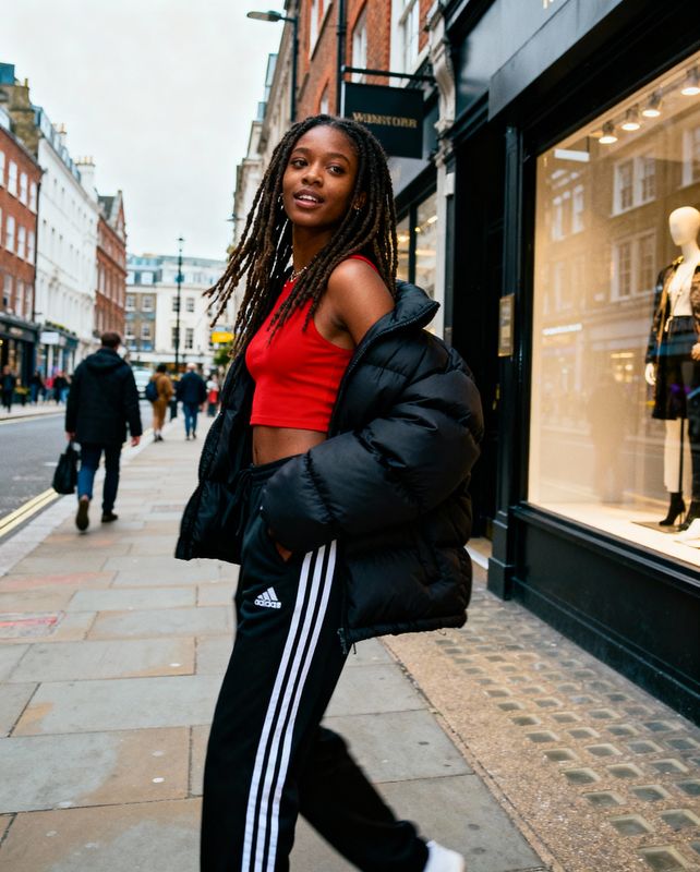 a woman in a red top and black pants is walking down the street