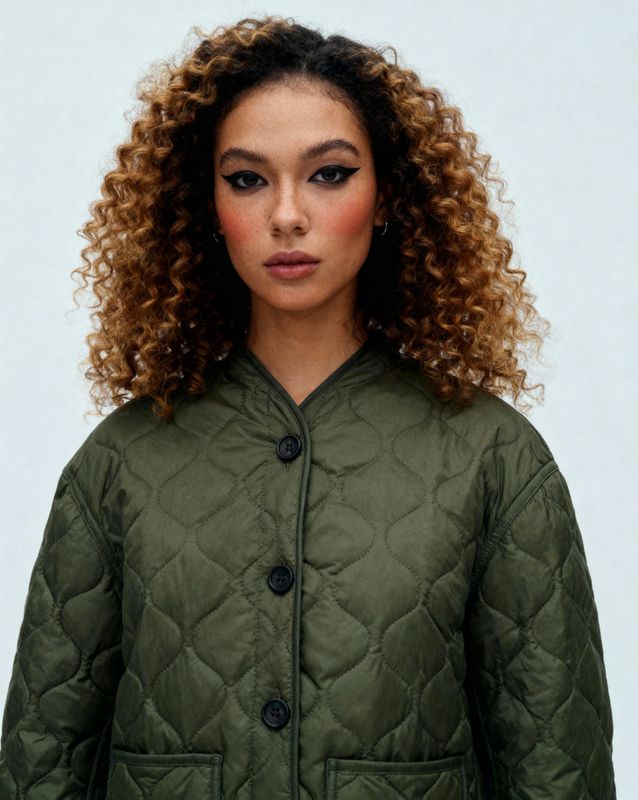 a woman with curly hair wearing a green jacket