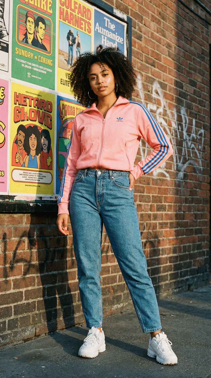 a woman standing in front of a brick wall