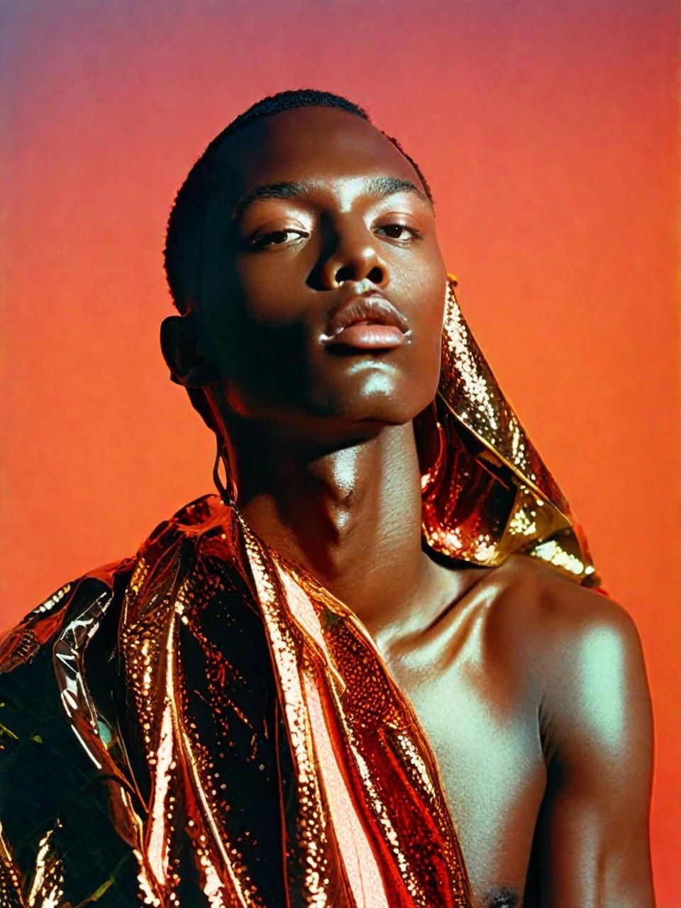 a woman in a gold and red outfit