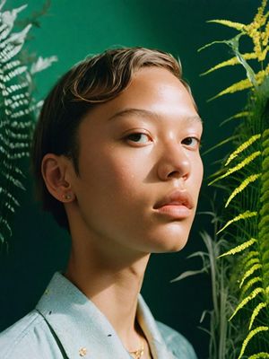 a woman standing in front of a green plant