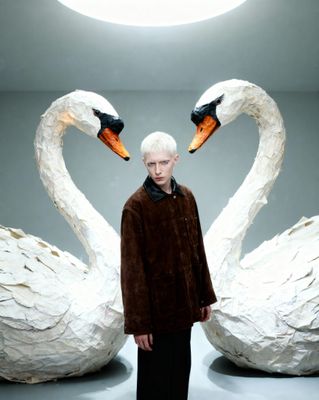 a man standing in front of two swans