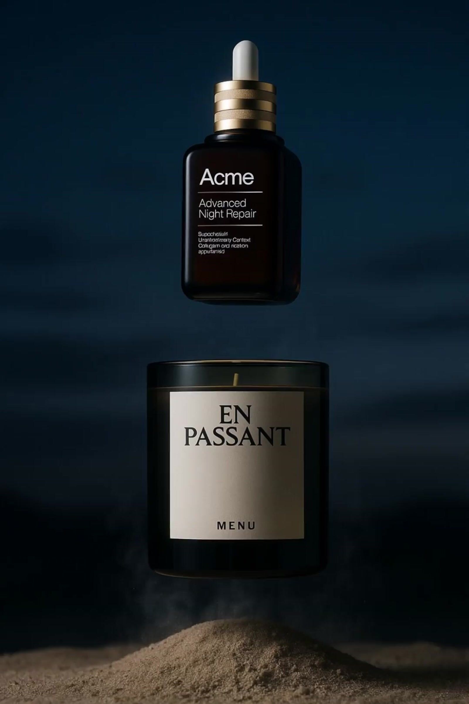 a bottle of perfume sitting on top of a pile of sand