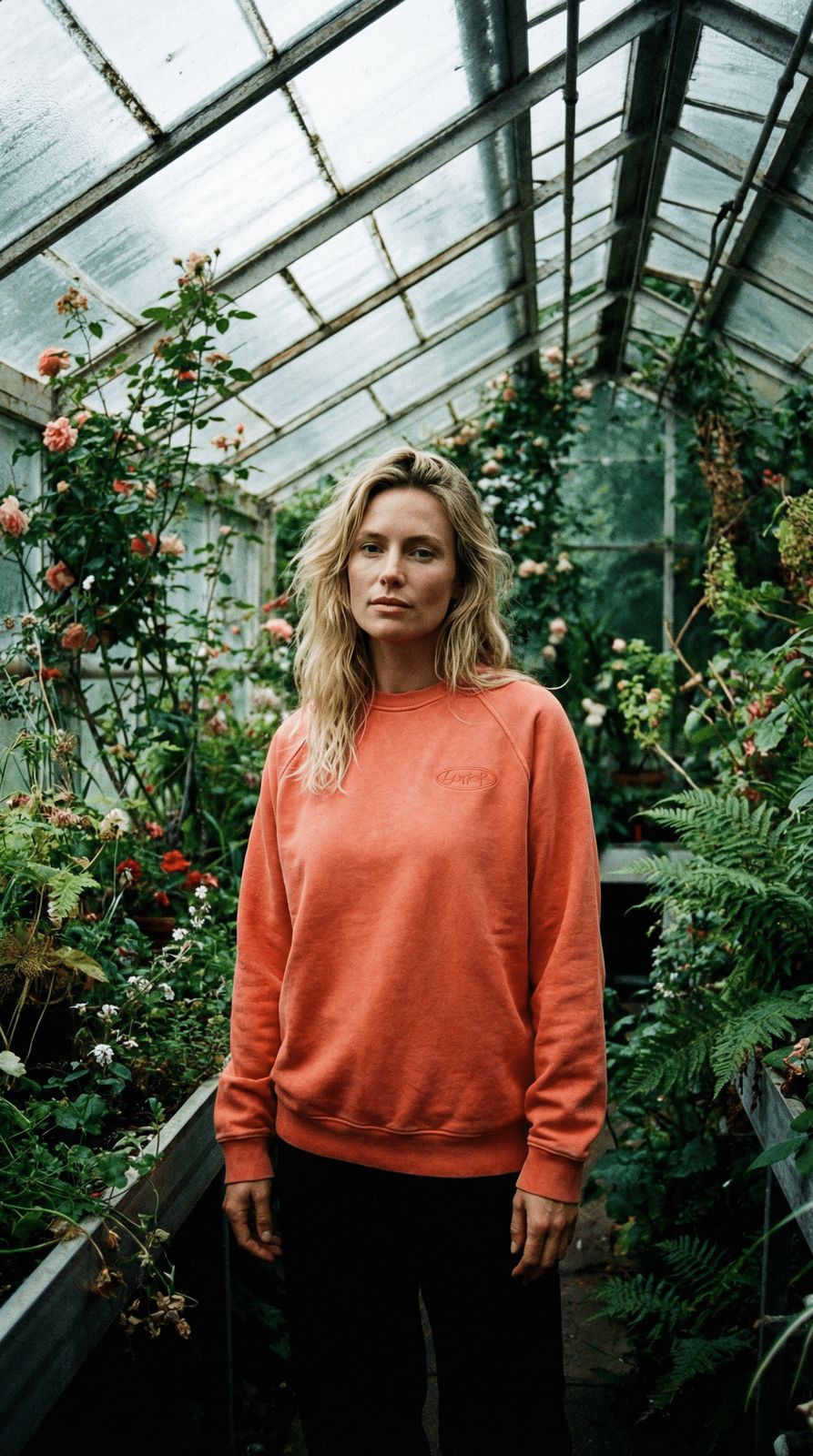 a woman standing in a greenhouse wearing an orange sweatshirt