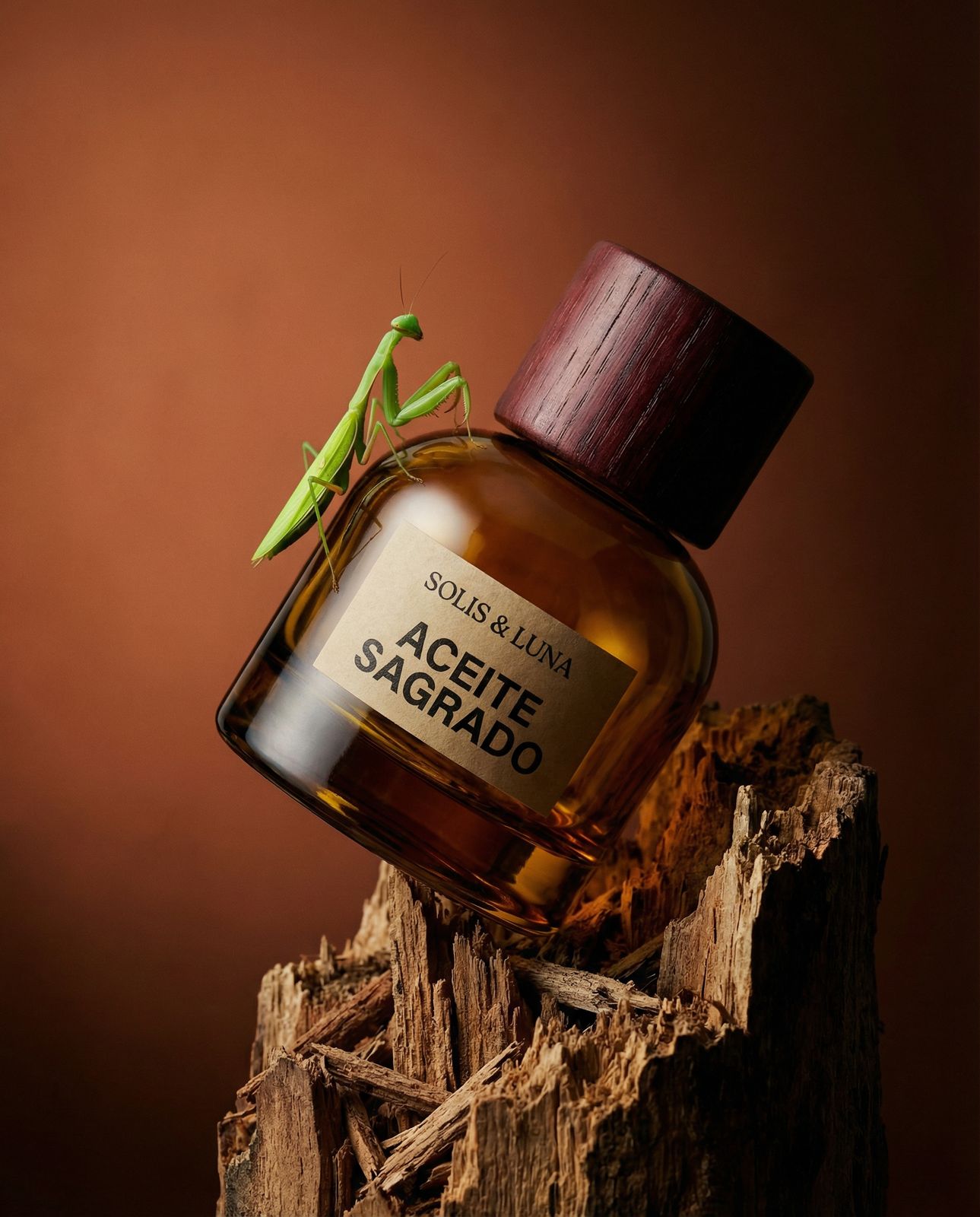 a bottle with a green insect on top of it