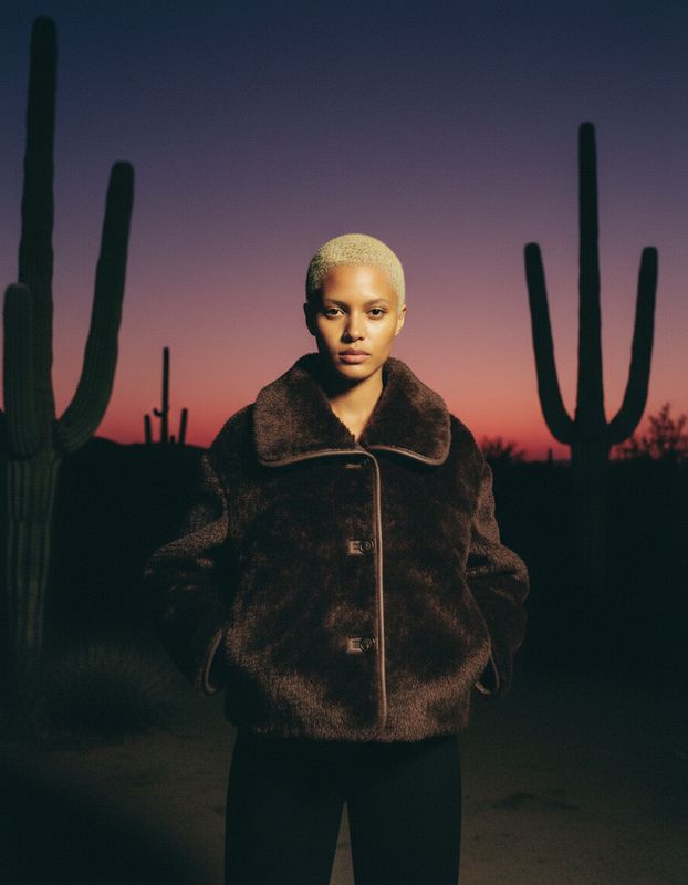 a woman standing in front of a cactus