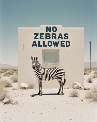 a zebra standing in front of a no zebras allowed sign