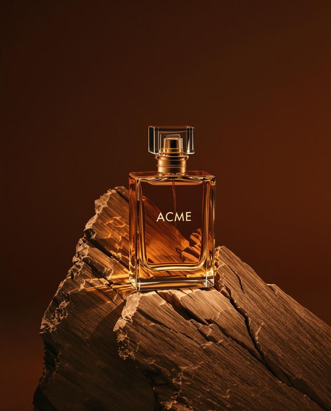 a bottle of perfume sitting on top of a rock