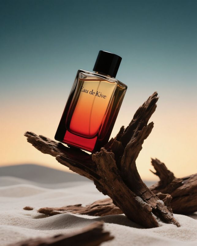 a bottle of perfume sitting on top of a piece of driftwood
