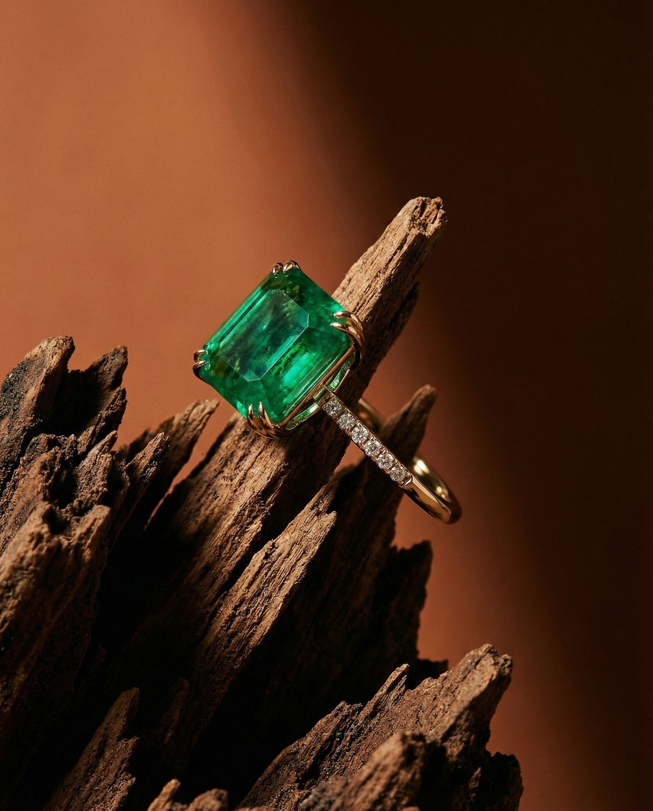 a ring with an emerald and diamond on top of a piece of wood