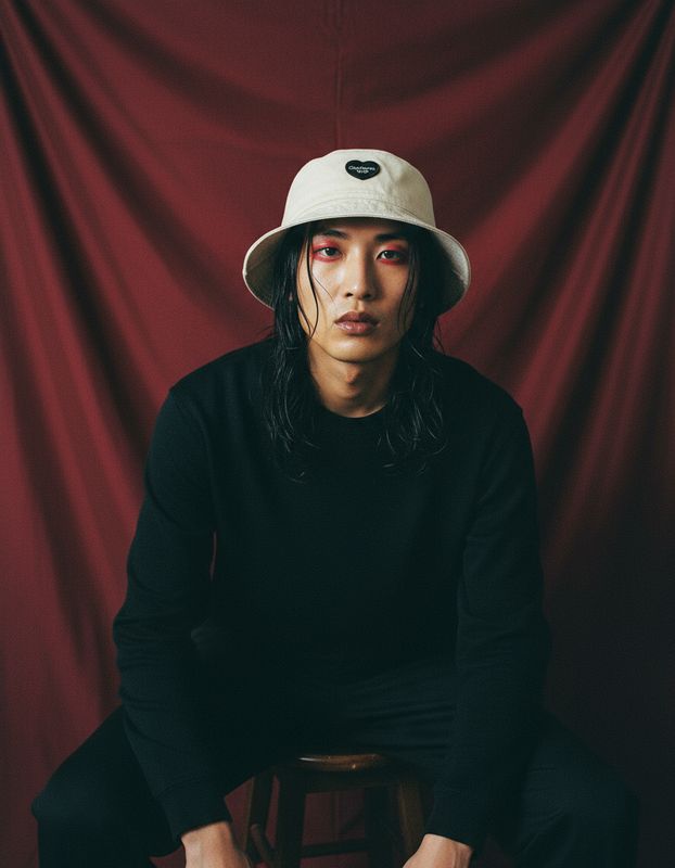 a man sitting on top of a stool wearing a hat