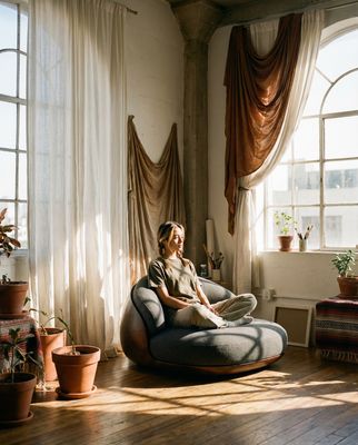 a woman sitting on a bean bag chair in front of a window