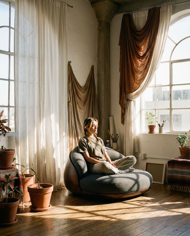 a woman sitting on a bean bag chair in front of a window