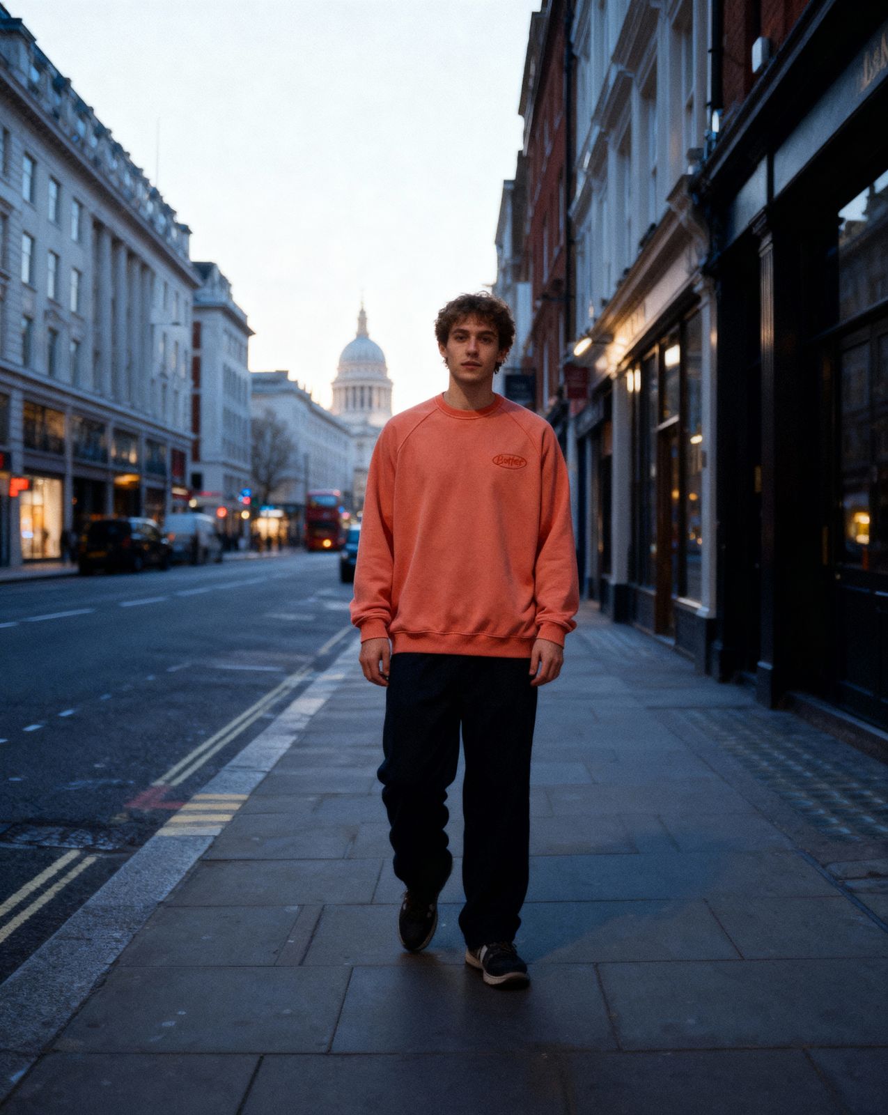 a man standing on a sidewalk in front of a building
