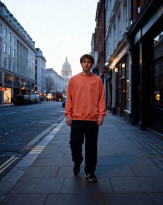 a man standing on a sidewalk in front of a building
