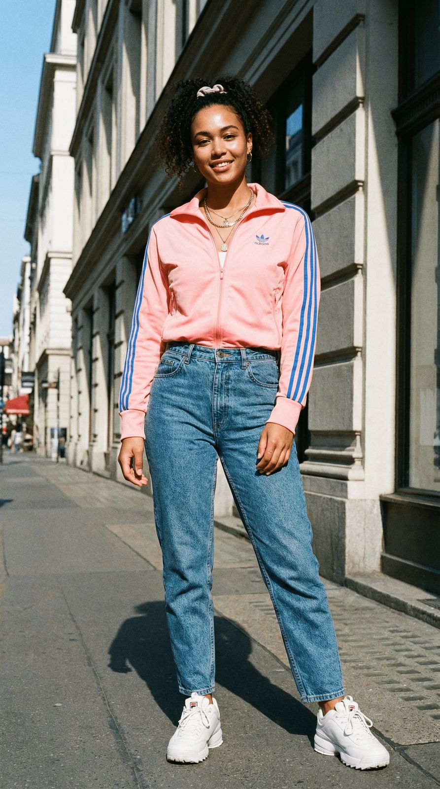 a woman standing on the side of a street