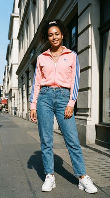 a woman standing on the side of a street