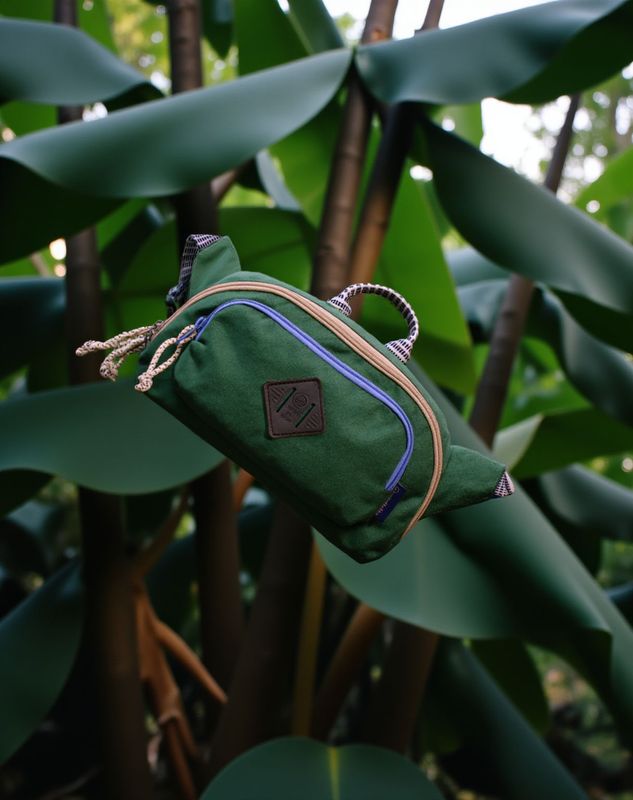 a small green bag hanging from a tree