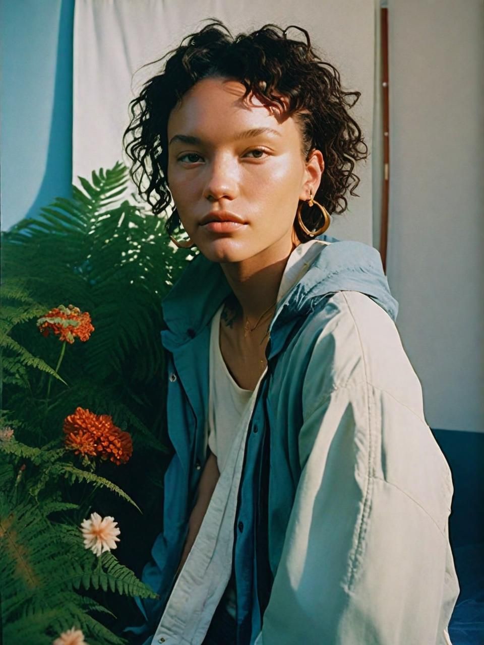 a woman sitting on the ground next to a plant