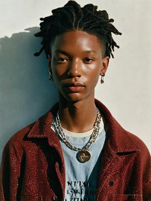 a woman with dreadlocks standing in front of a wall