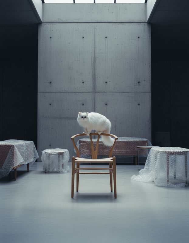 a white cat sitting on top of a wooden chair
