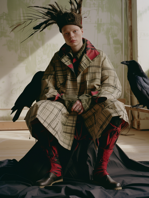 a person sitting on a bed with a bird on their head