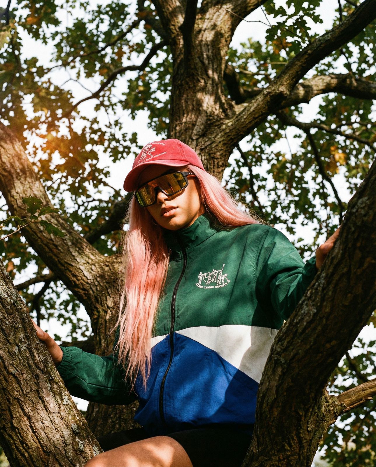 a woman with pink hair sitting in a tree