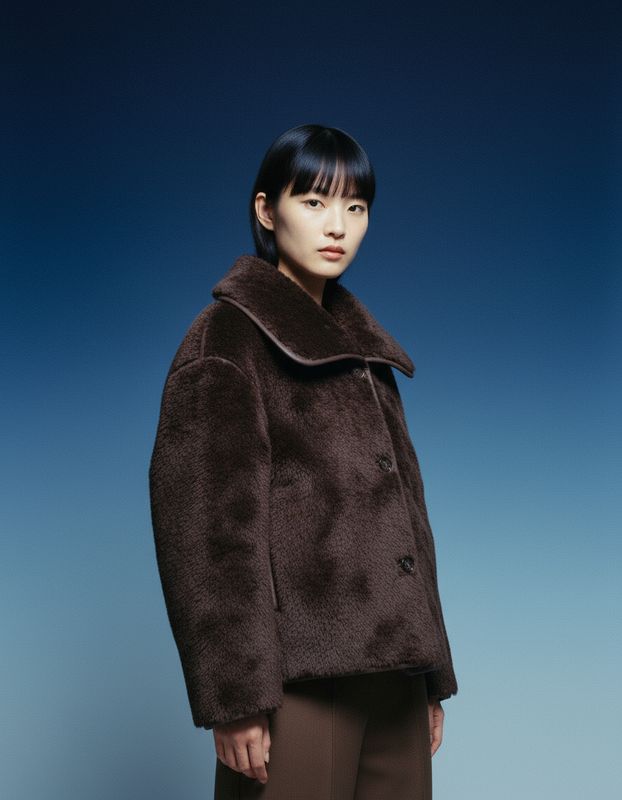 a woman in a brown coat standing in front of a blue background