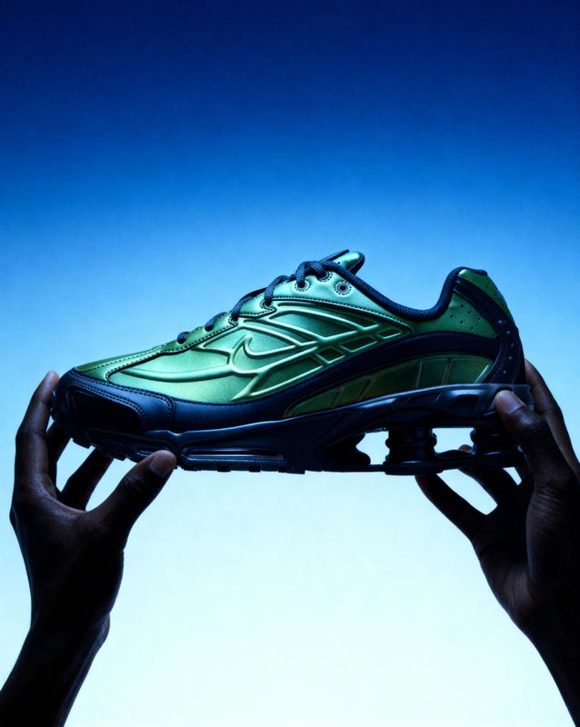 a pair of hands holding a shoe in the air