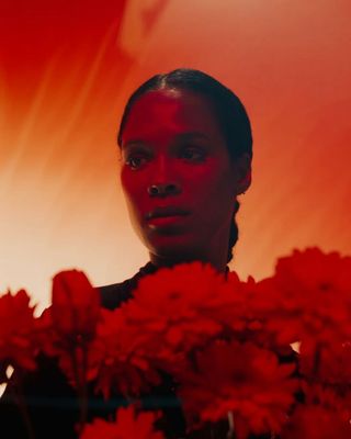 a woman standing in front of a bunch of red flowers