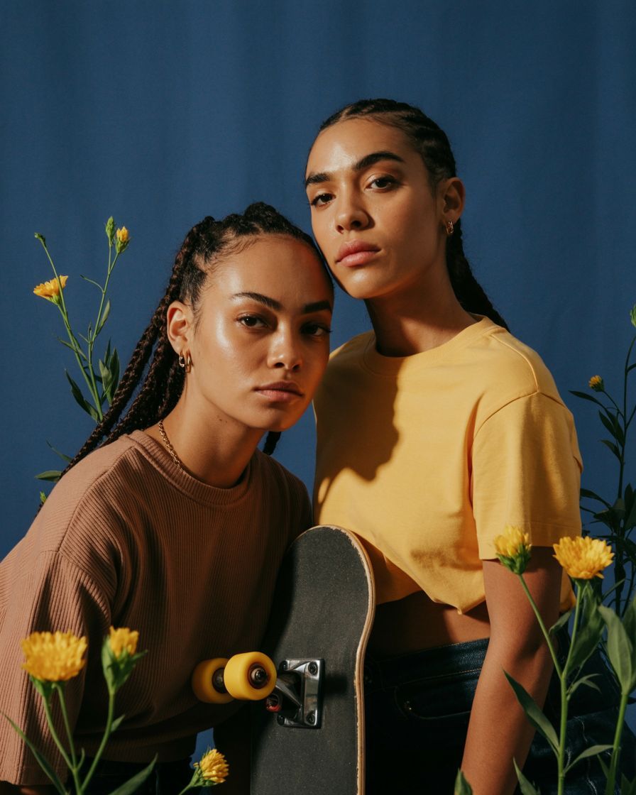two women standing next to each other holding a skateboard