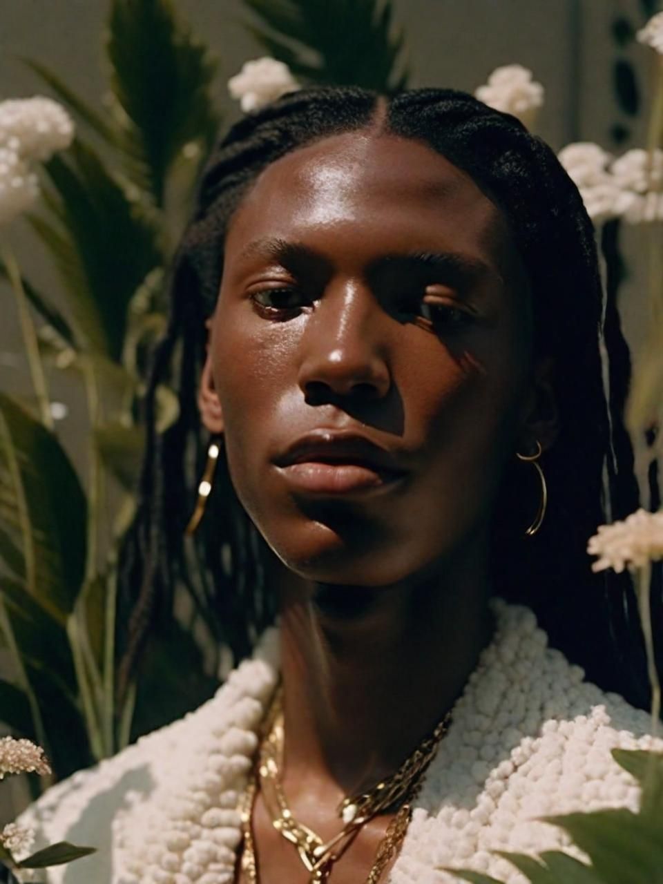 a woman with dreadlocks standing in front of flowers