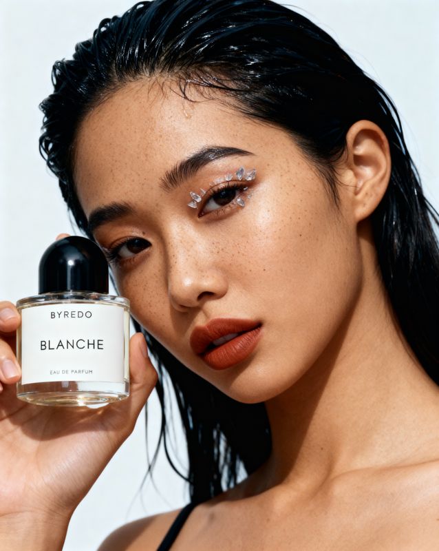 a woman holding up a bottle of perfume