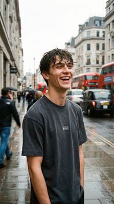 a man standing on a wet city street