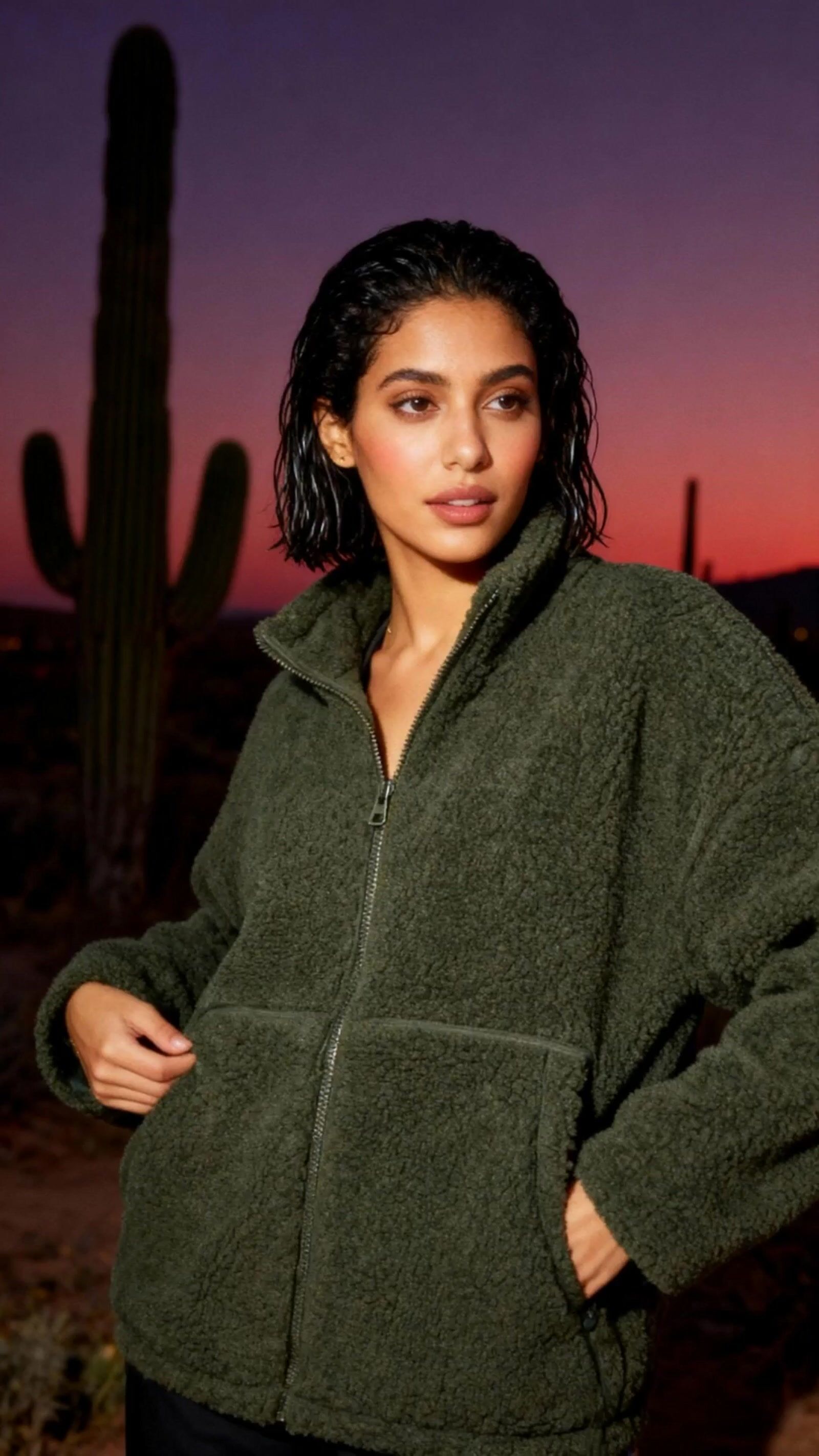 a woman standing in front of a cactus