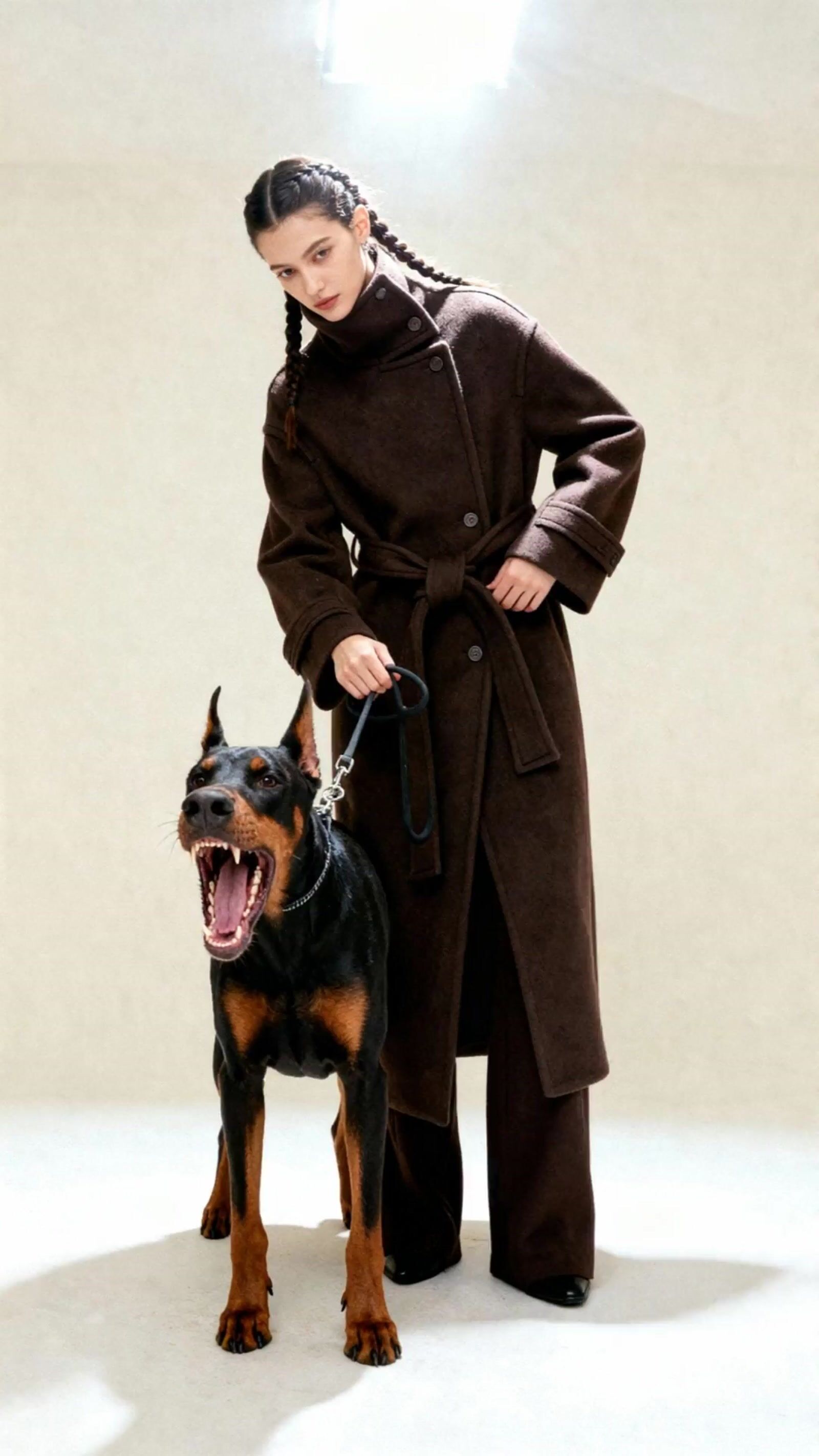 a woman with a dog on a leash