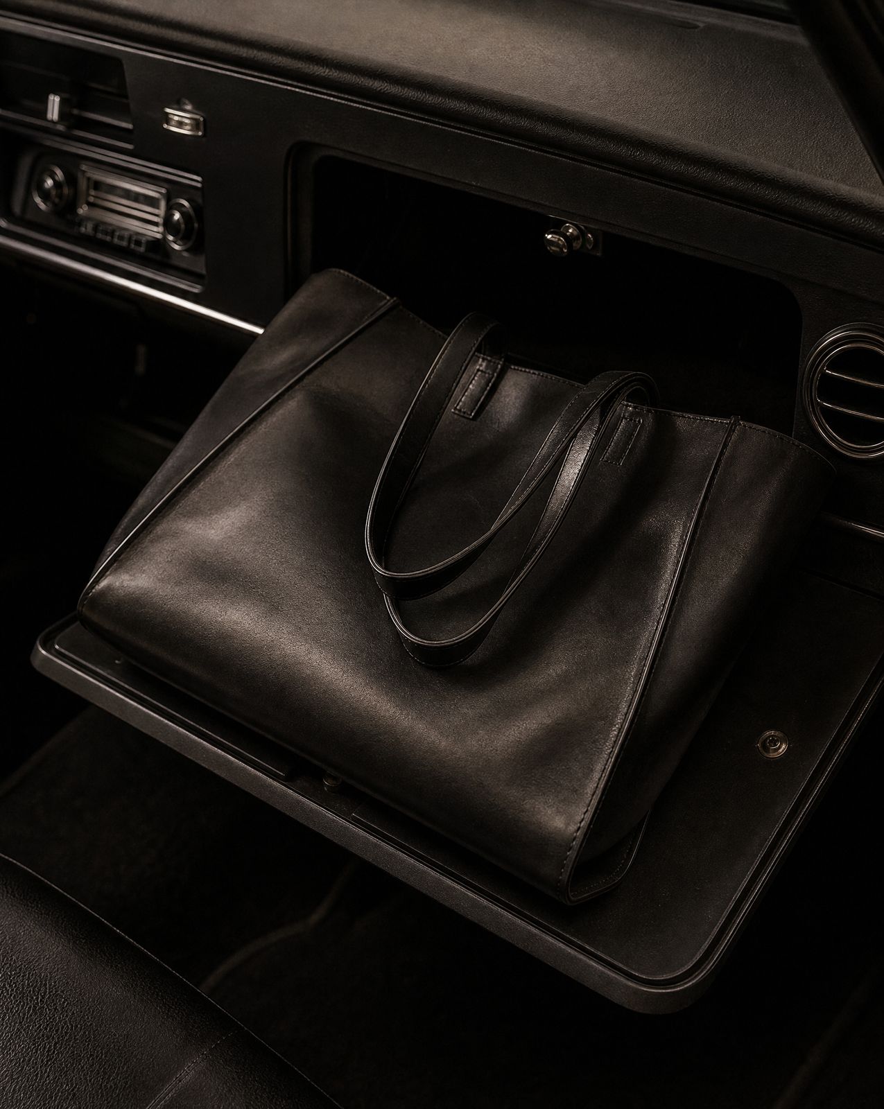 a black purse sitting on top of a car console