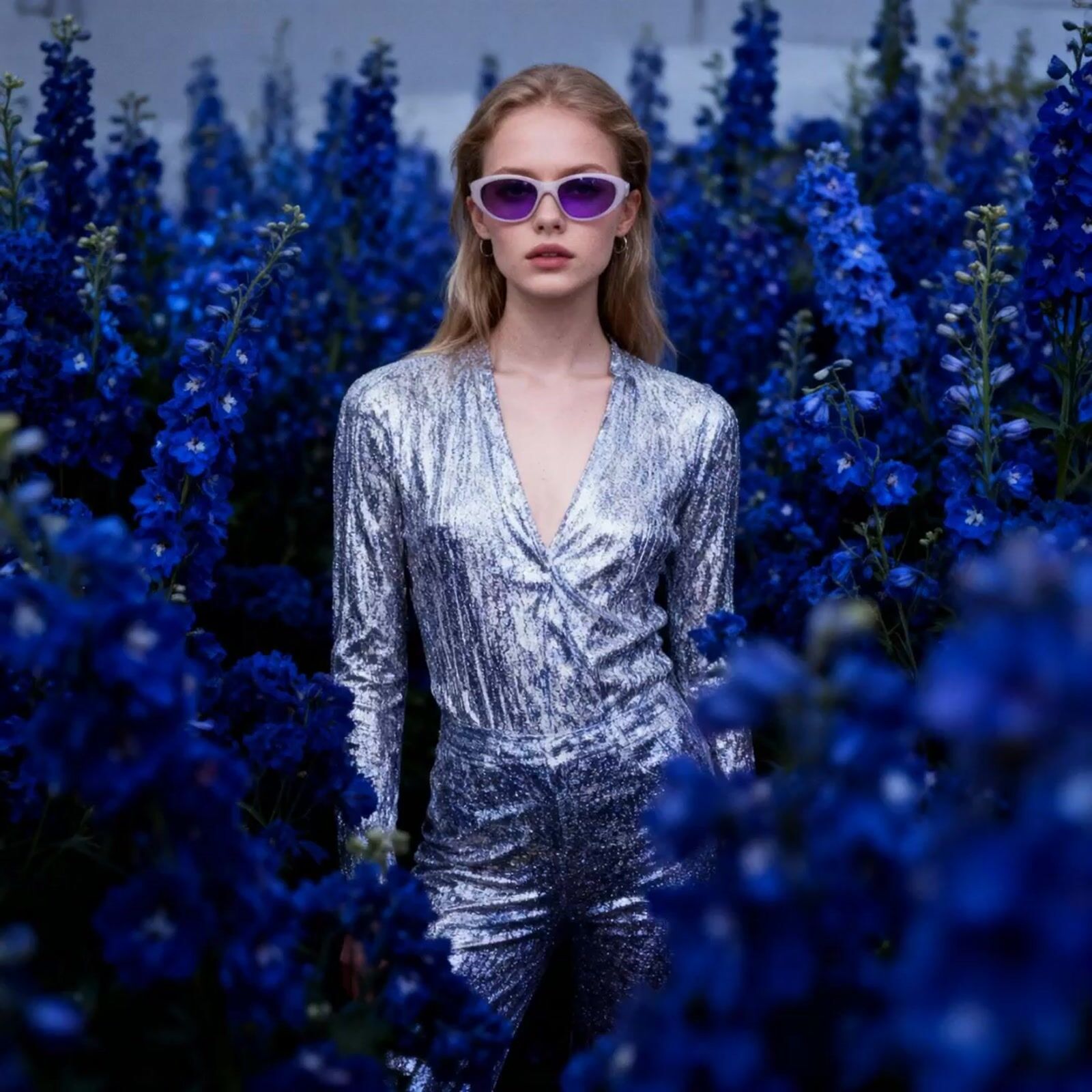 a woman wearing sunglasses standing in a field of blue flowers