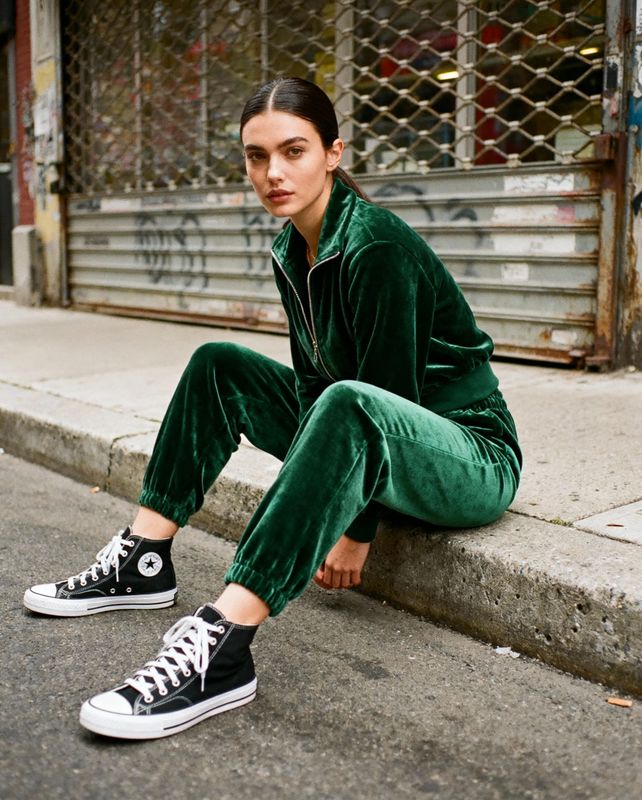 a woman sitting on a curb wearing a green outfit