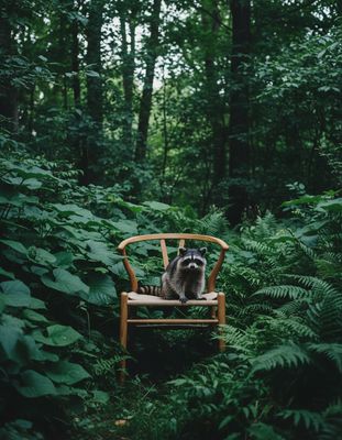 a raccoon sitting on a chair in a forest