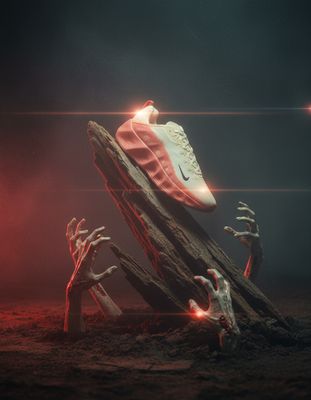 a pair of shoes sitting on top of a pile of wood