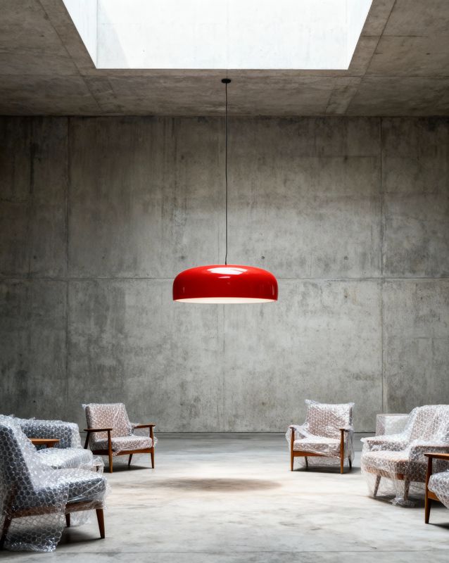 a room with chairs and a red light hanging from the ceiling
