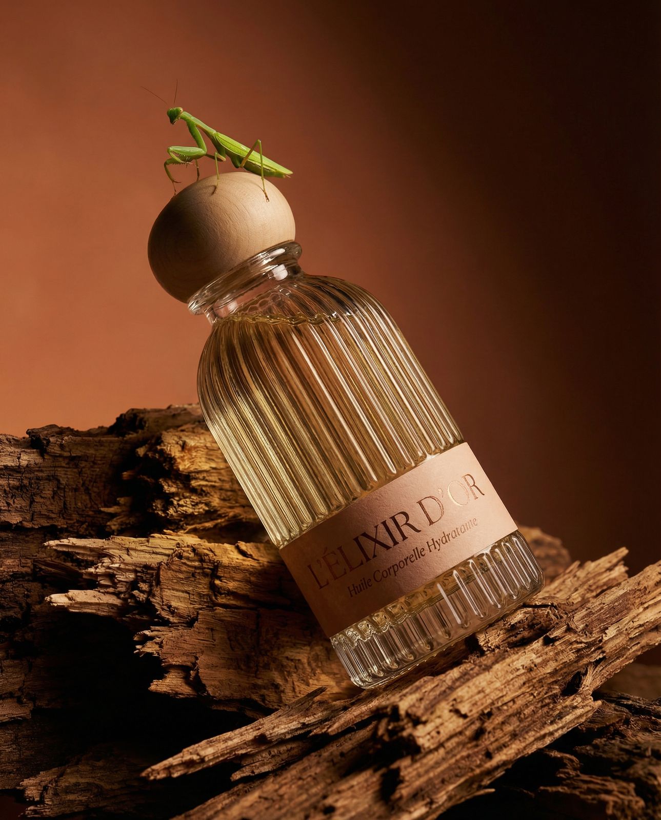 a bottle of perfume sitting on top of a piece of wood