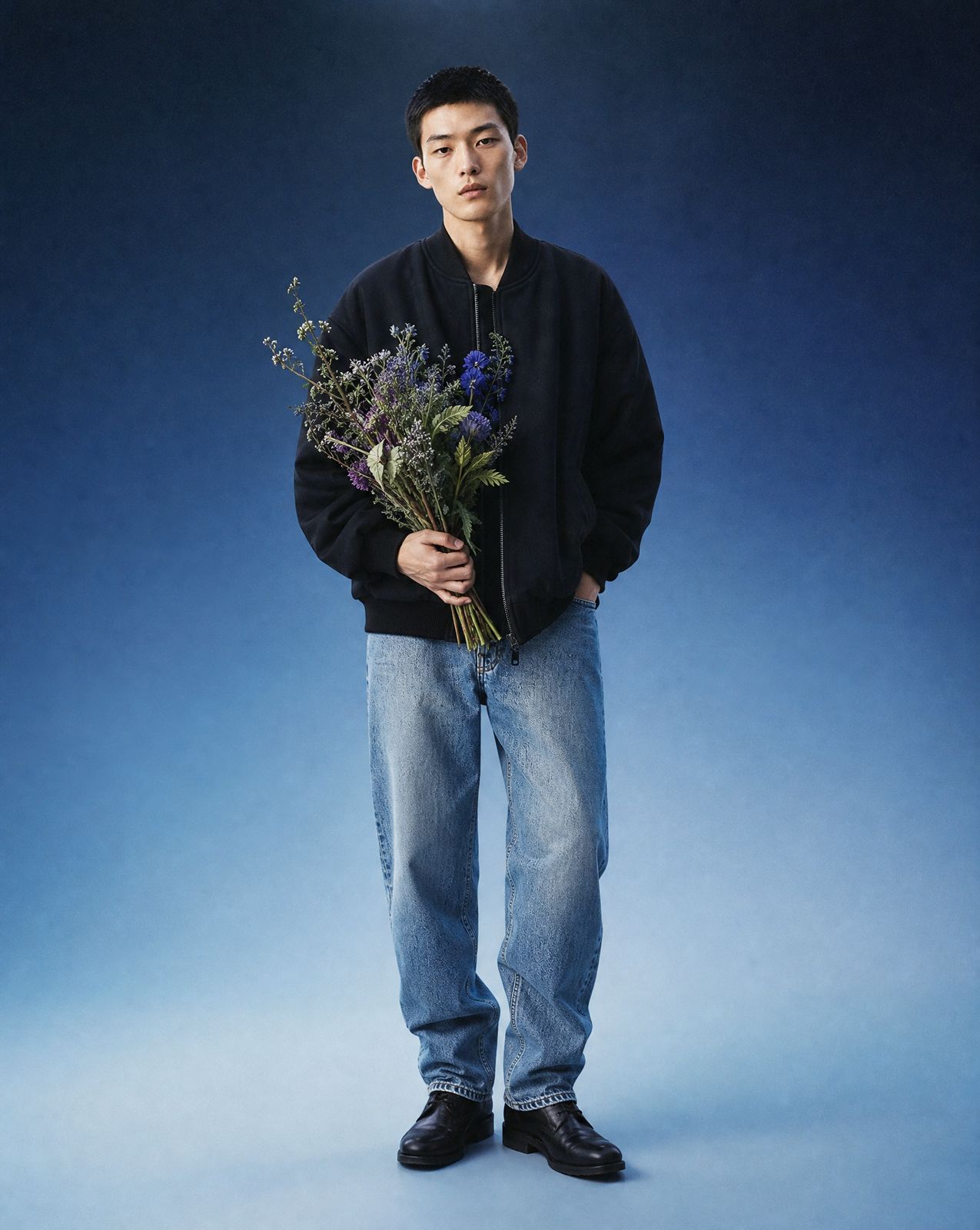 a man holding a bunch of flowers in his hands