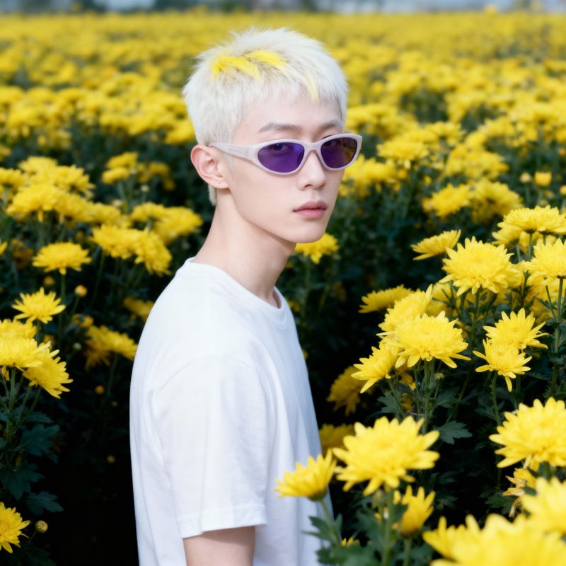 a young man wearing sunglasses standing in a field of yellow flowers